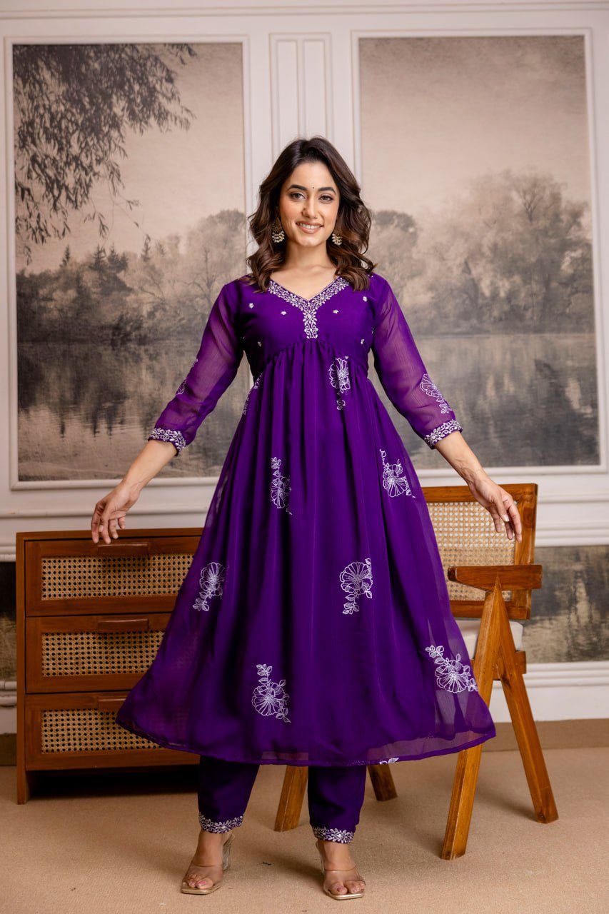 Silkyara Royal Purple Embroidered Anarkali Kurta Pant Set
