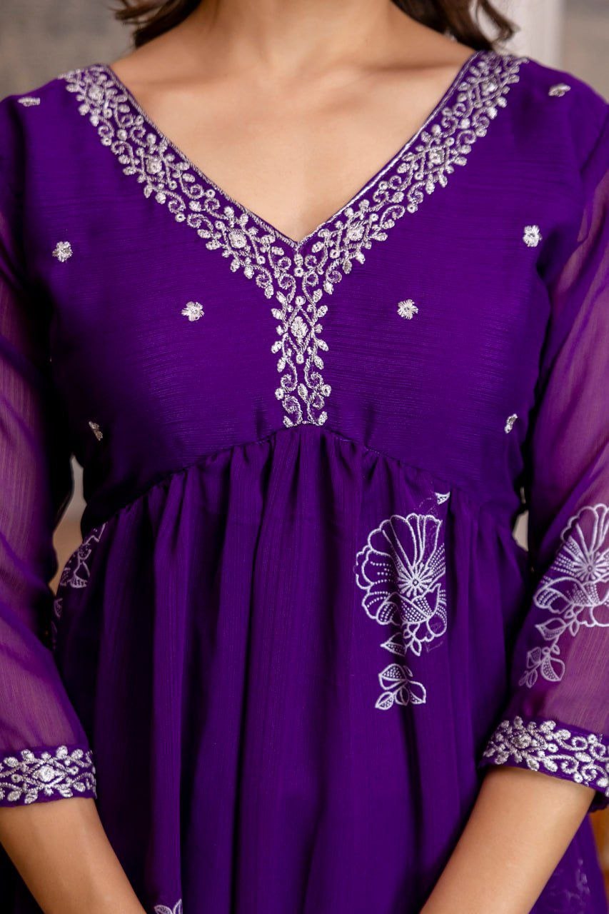 Silkyara Royal Purple Embroidered Anarkali Kurta Pant Set