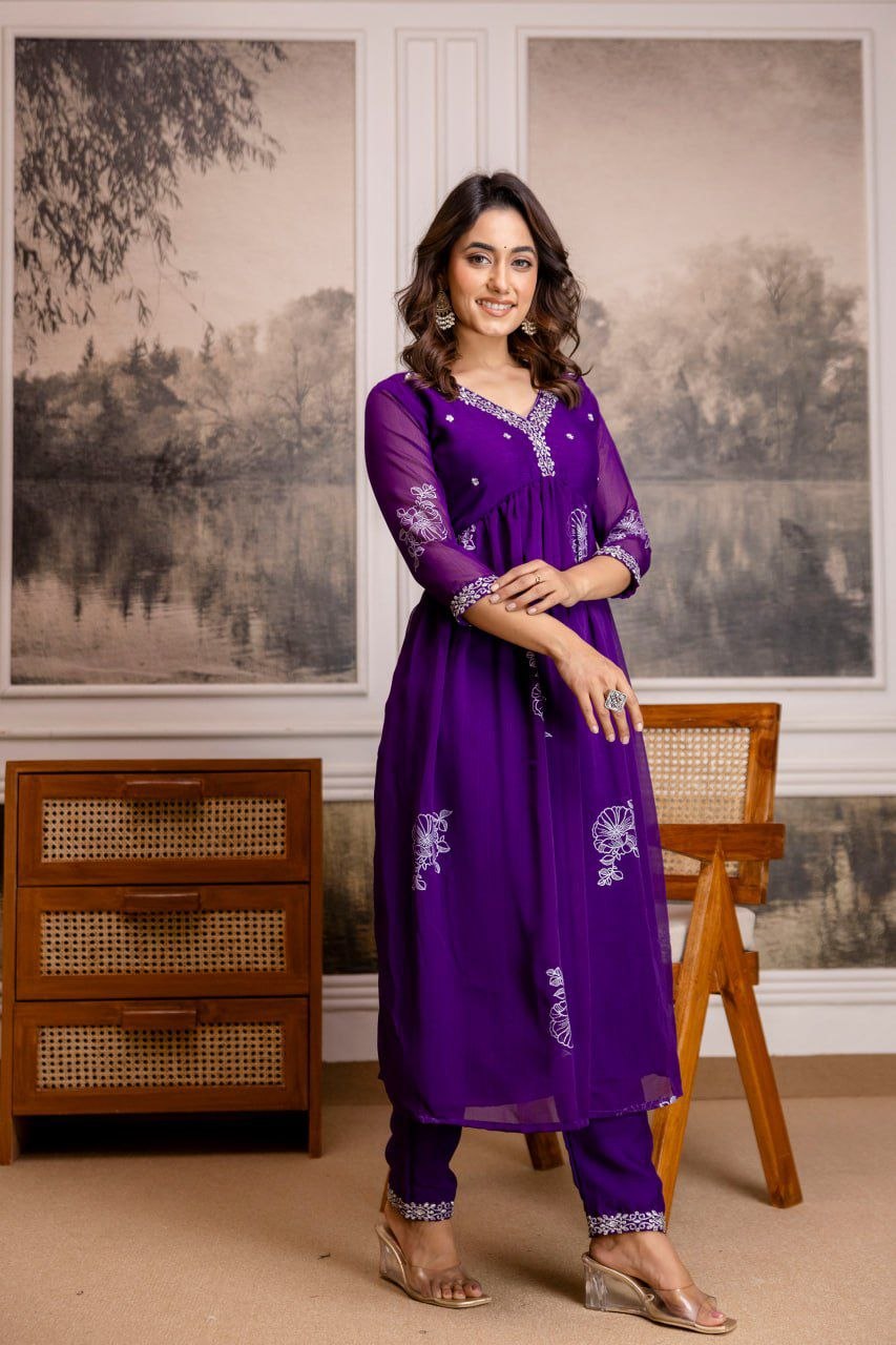 Silkyara Royal Purple Embroidered Anarkali Kurta Pant Set