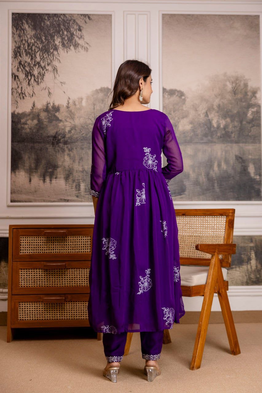 Silkyara Royal Purple Embroidered Anarkali Kurta Pant Set