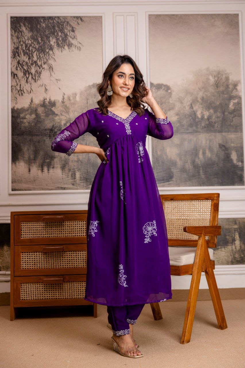 Silkyara Royal Purple Embroidered Anarkali Kurta Pant Set