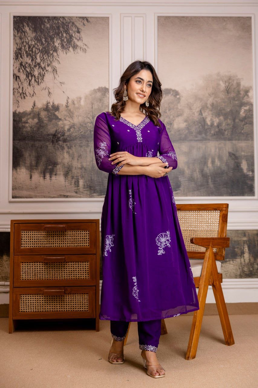 Silkyara Royal Purple Embroidered Anarkali Kurta Pant Set