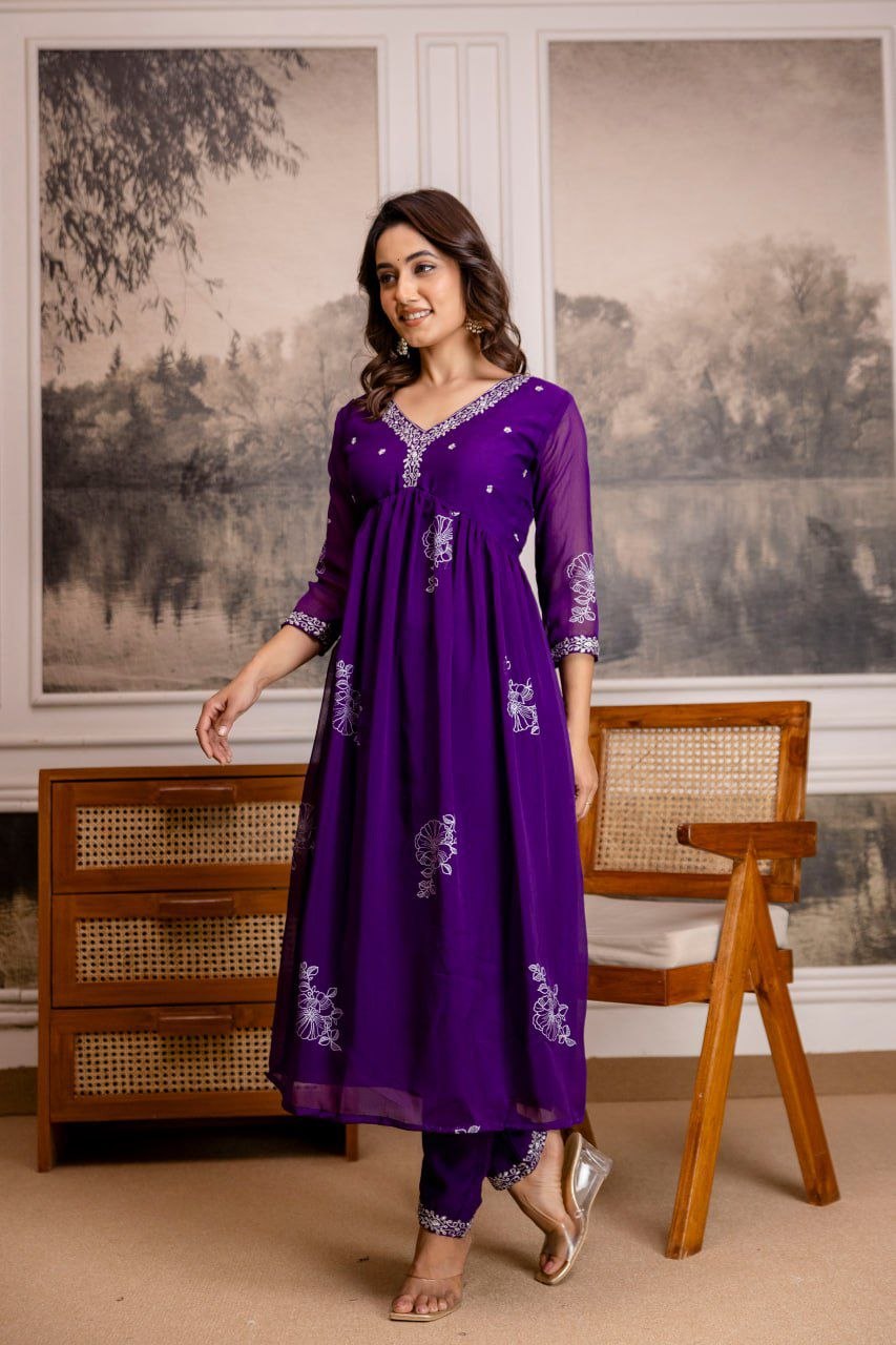 Silkyara Royal Purple Embroidered Anarkali Kurta Pant Set