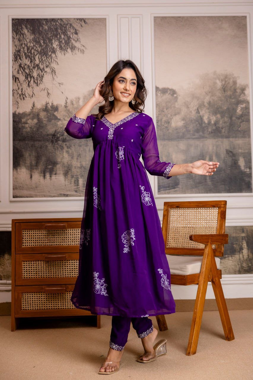 Silkyara Royal Purple Embroidered Anarkali Kurta Pant Set