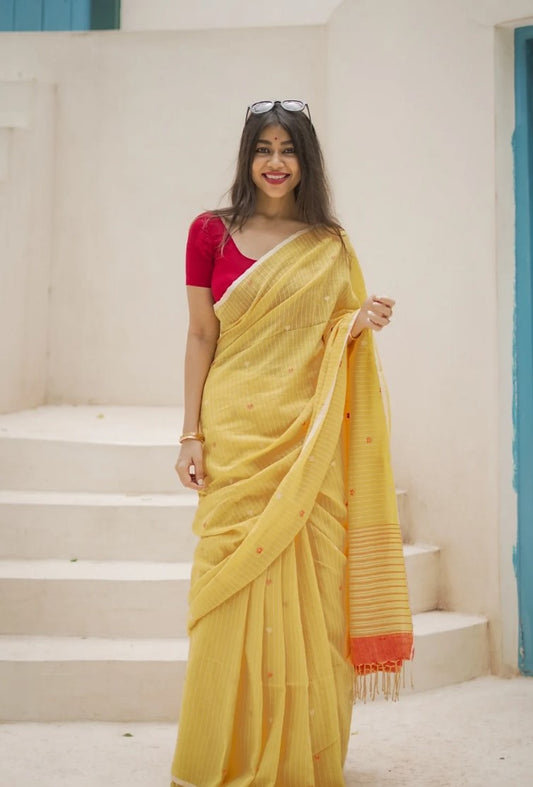 Sunshine Yellow Mulmul Cotton Saree