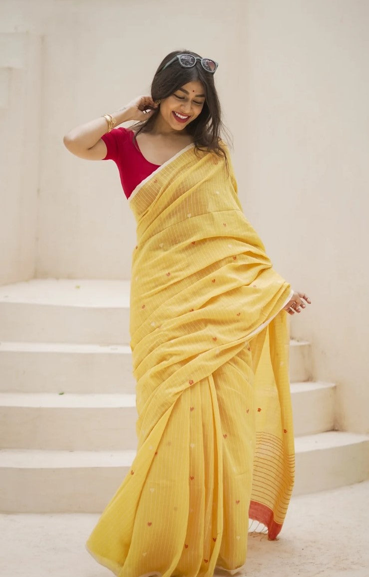 Sunshine Yellow Mulmul Cotton Saree