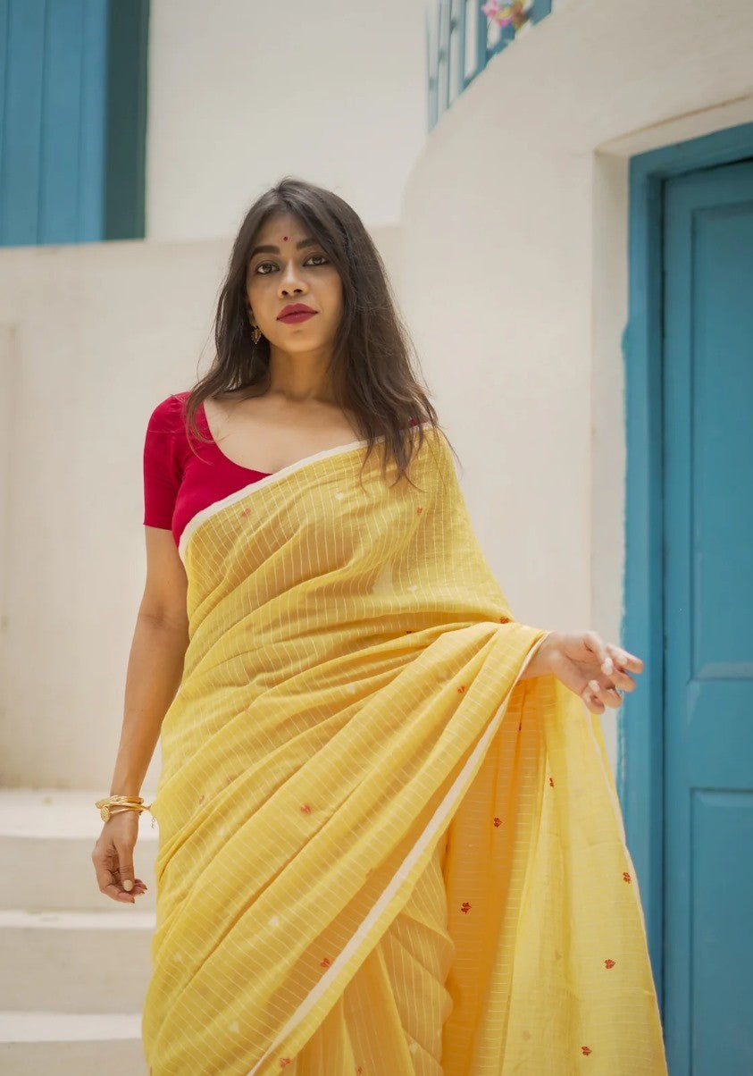 Sunshine Yellow Mulmul Cotton Saree