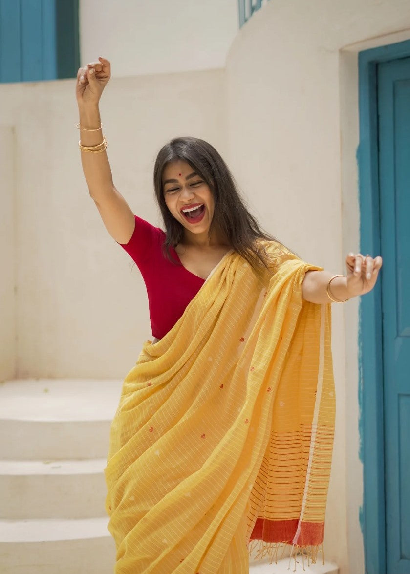 Sunshine Yellow Mulmul Cotton Saree