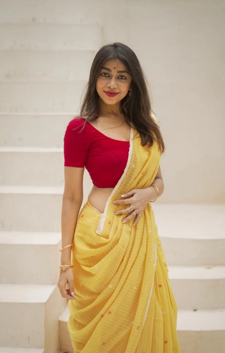Sunshine Yellow Mulmul Cotton Saree