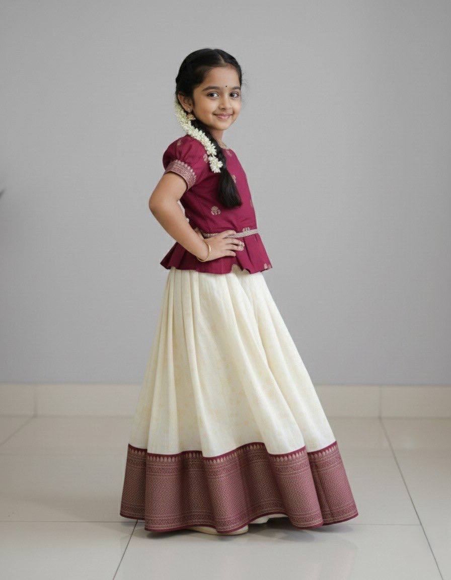Traditional Maroon Brocade & Off-White Pattu Pavadai Set