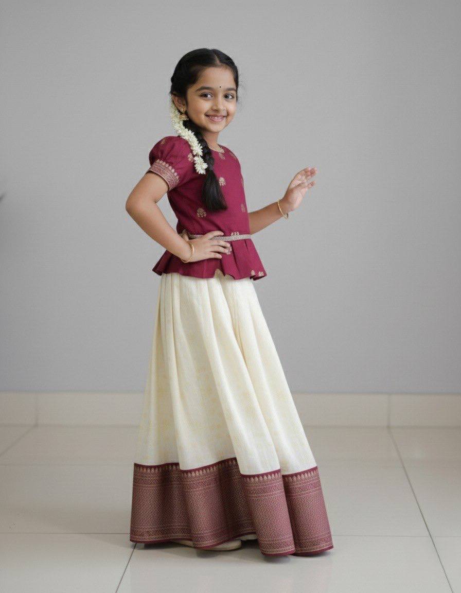 Traditional Maroon Brocade & Off-White Pattu Pavadai Set