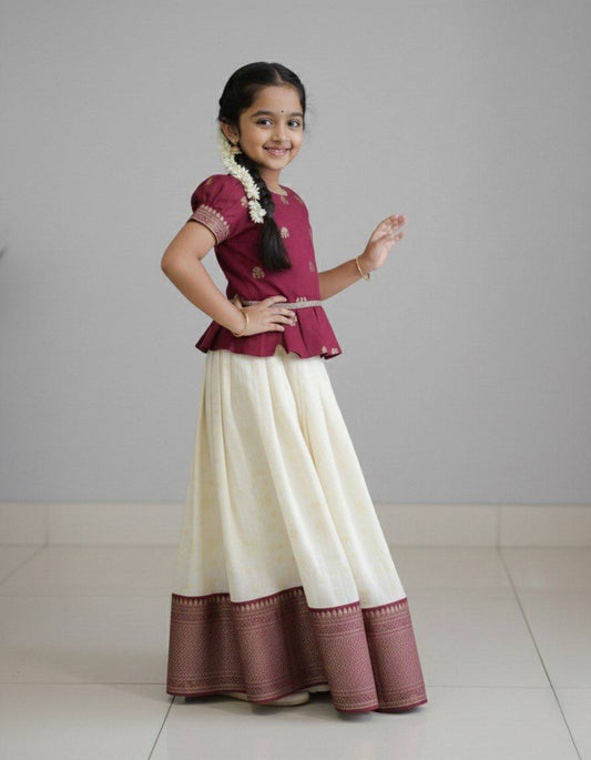 Traditional Maroon Brocade & Off-White Pattu Pavadai Set