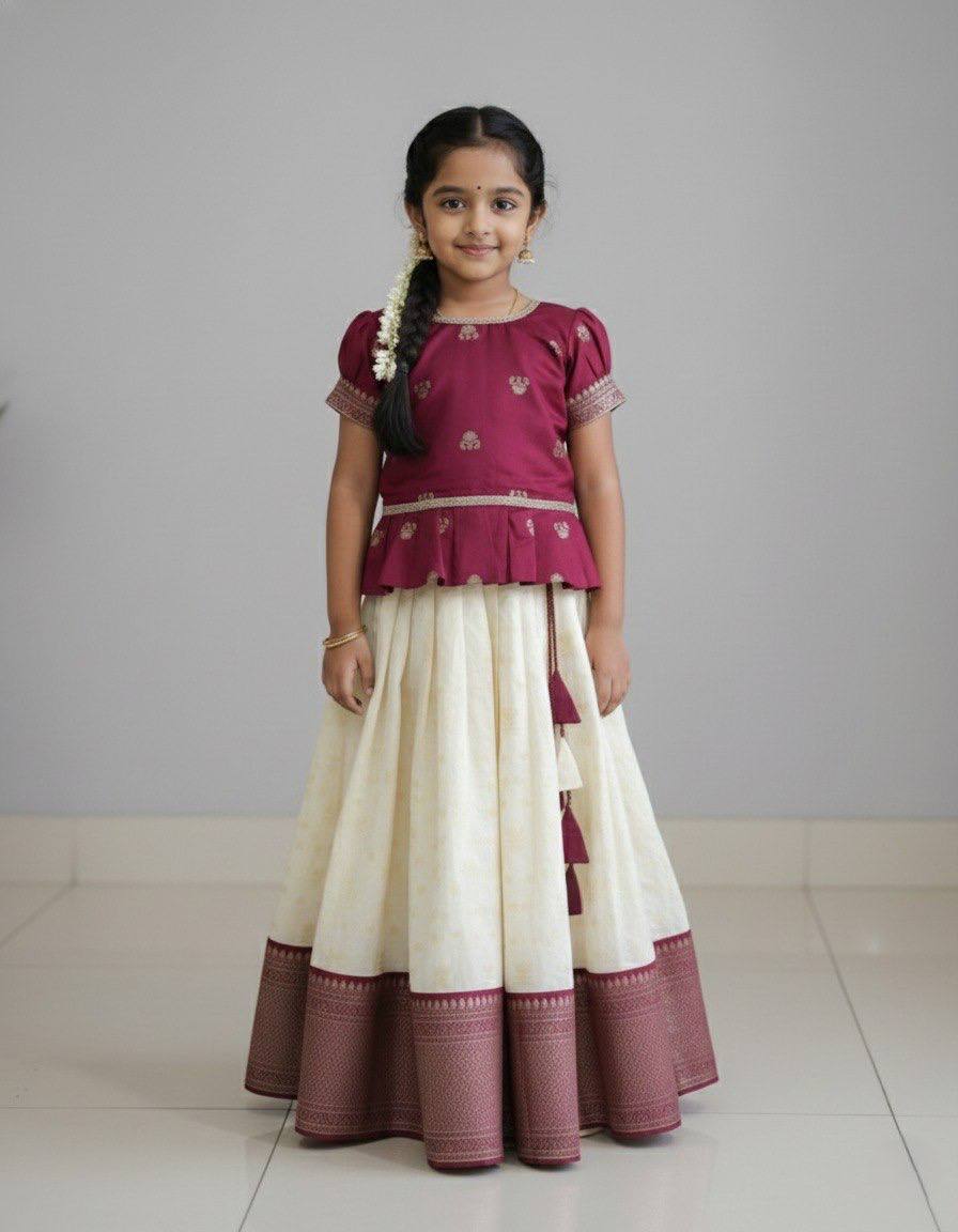 Traditional Maroon Brocade & Off-White Pattu Pavadai Set