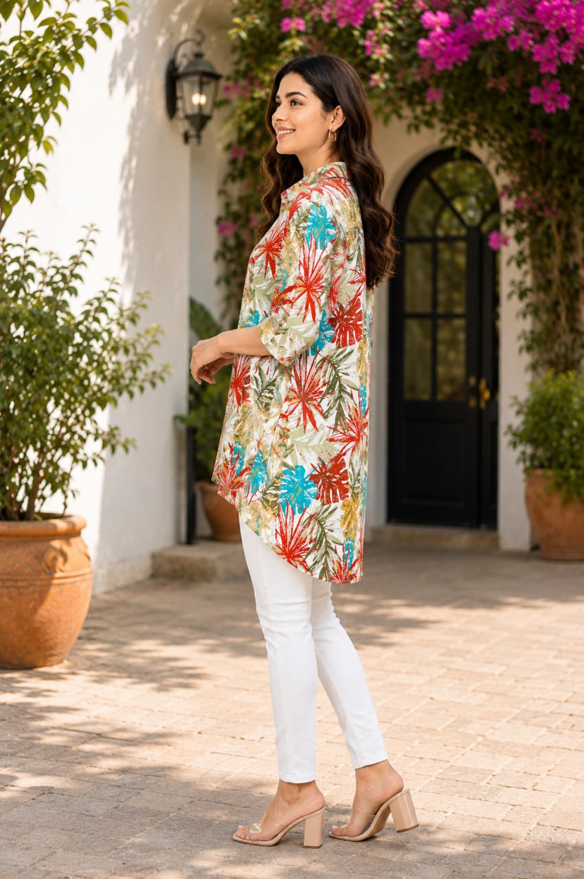 Tropical Bloom High-Low Cotton Shirt for Women