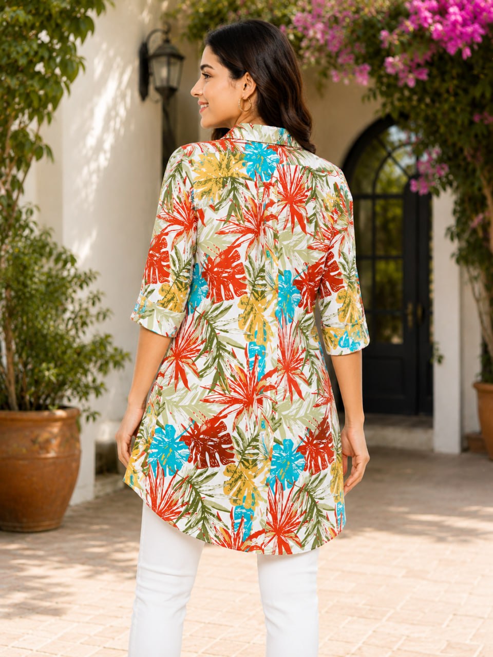 Tropical Bloom High-Low Cotton Shirt for Women