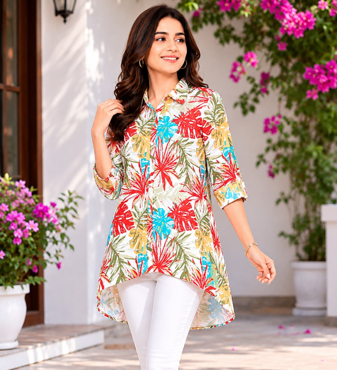 Tropical Bloom High-Low Cotton Shirt for Women
