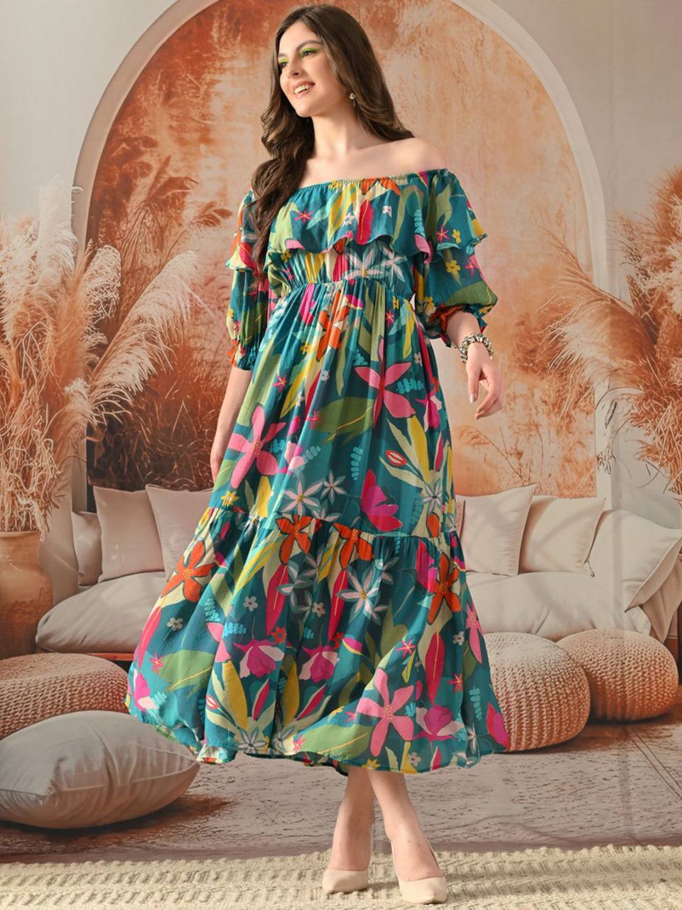 Tropical Floral Off-Shoulder Maxi Dress for Women