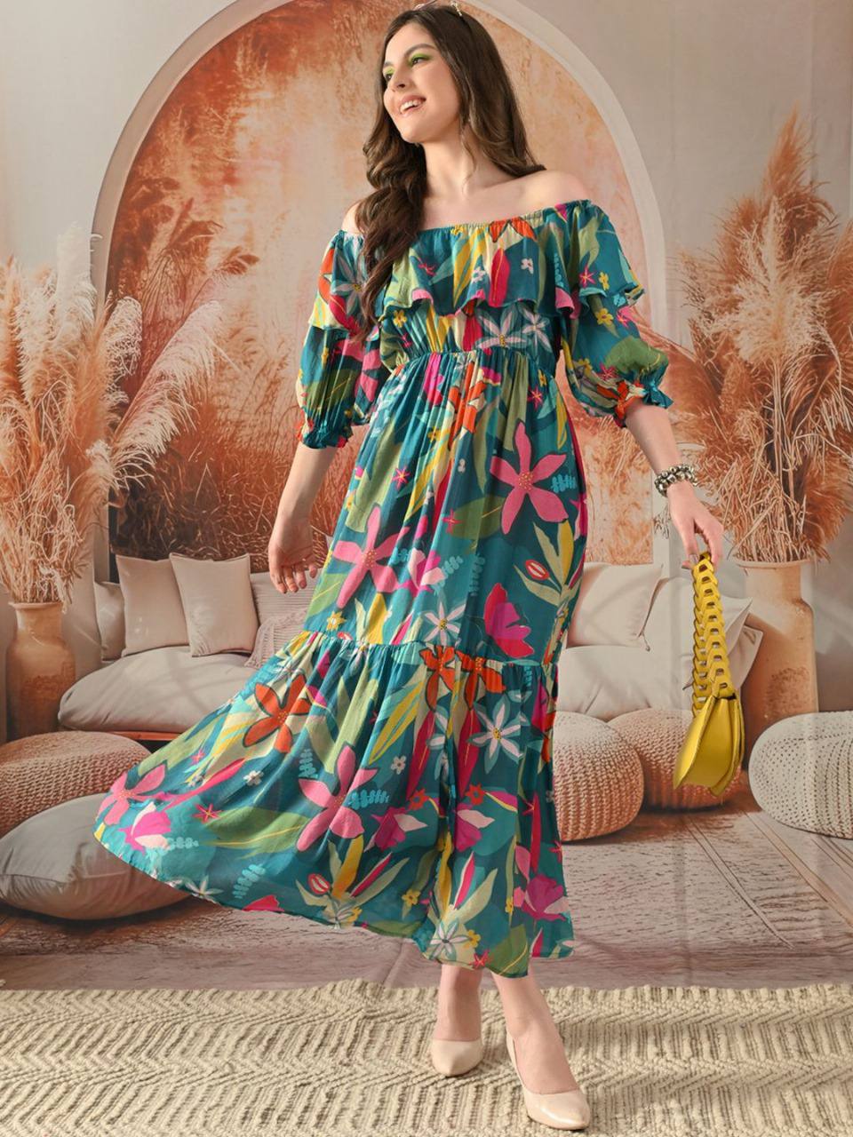 Tropical Floral Off-Shoulder Maxi Dress for Women