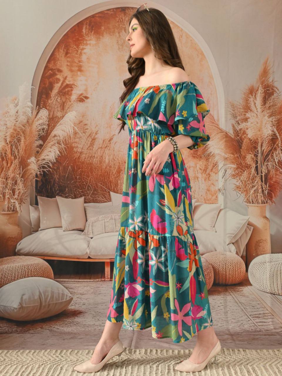 Tropical Floral Off-Shoulder Maxi Dress for Women
