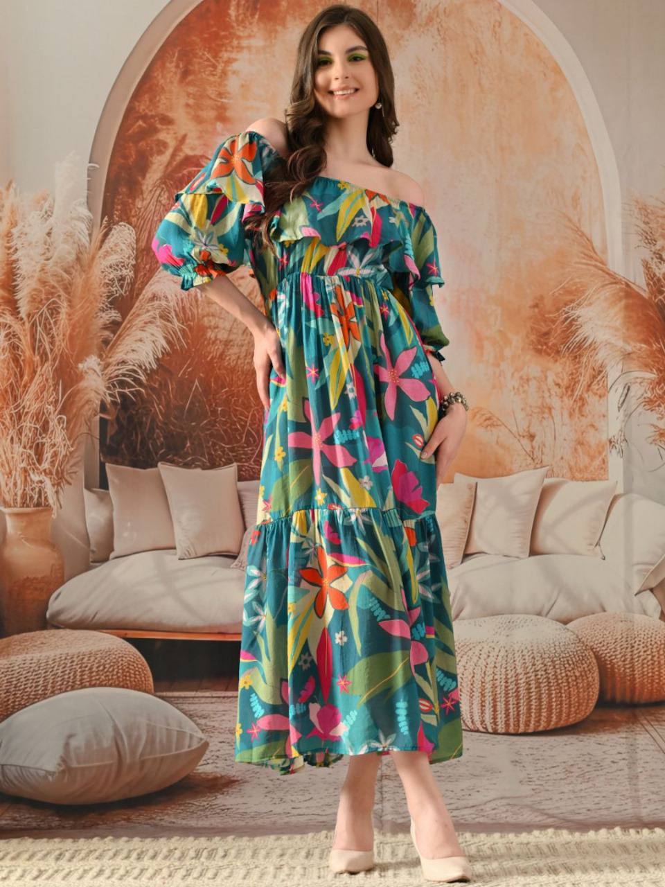 Tropical Floral Off-Shoulder Maxi Dress for Women