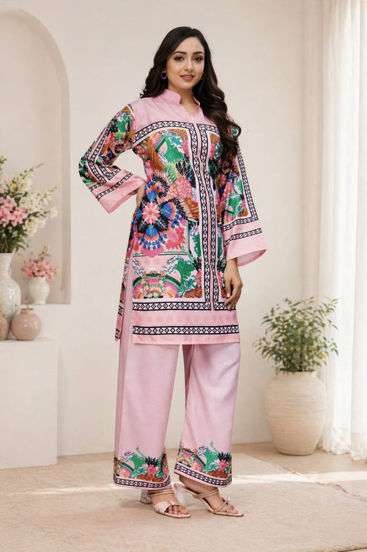 Turkish Pink Floral Printed Kurta Palazzo Set