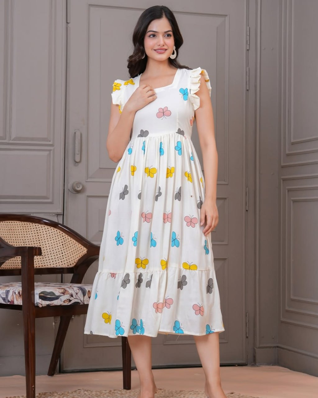 Women's Butterfly Print Flared Midi Dress
