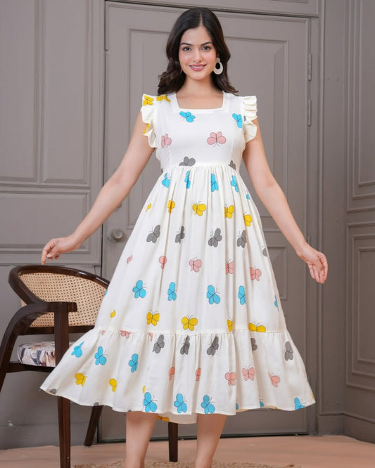 Women's Butterfly Print Flared Midi Dress
