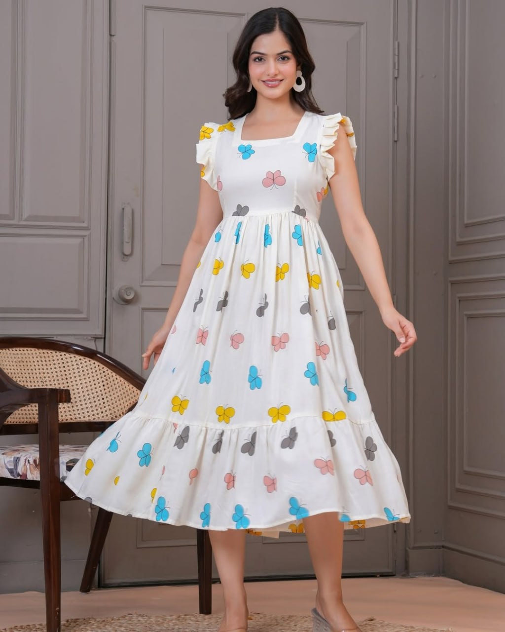 Women's Butterfly Print Flared Midi Dress
