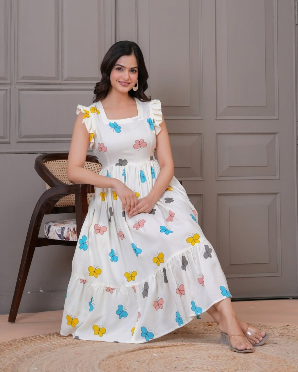 Women's Butterfly Print Flared Midi Dress