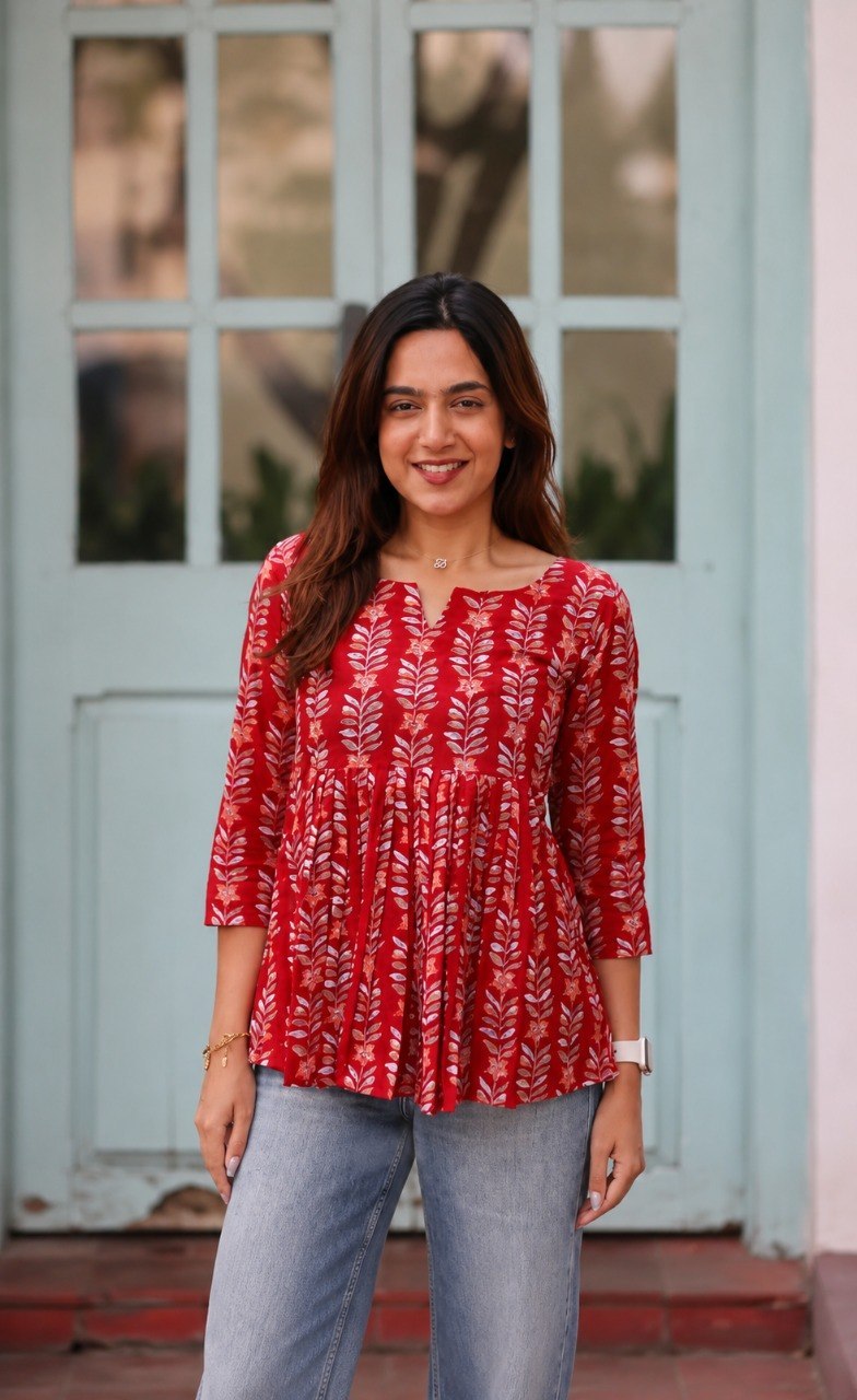 Women's Crimson Bloom Printed Peplum Top