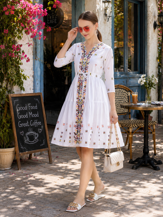 Women's Embroidered Mal Cotton Fit & Flare Dress
