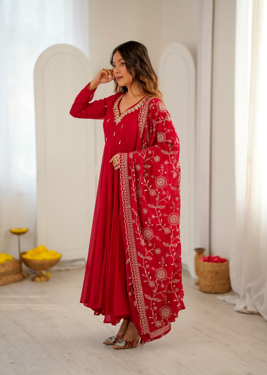 Women's Ruby Khatli Work with Real Mirror Anarkali Suit Set with Dupatta