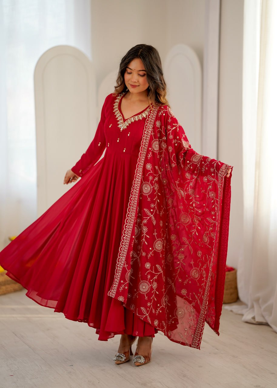 Women's Ruby Khatli Work with Real Mirror Anarkali Suit Set with Dupatta