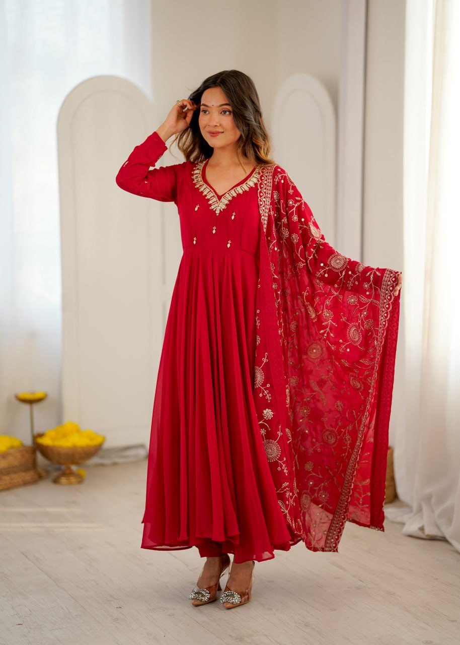 Women's Ruby Khatli Work with Real Mirror Anarkali Suit Set with Dupatta