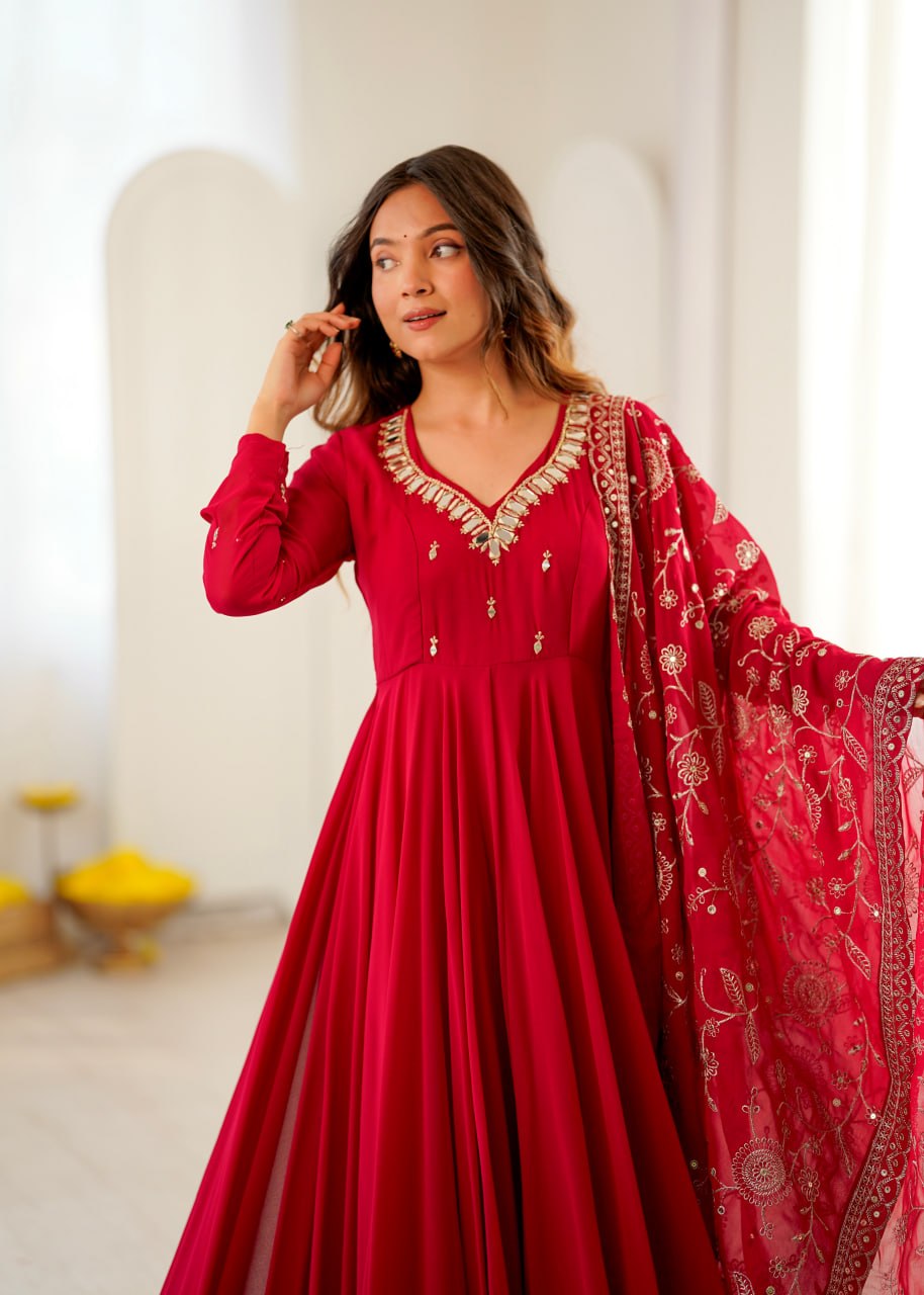 Women's Ruby Khatli Work with Real Mirror Anarkali Suit Set with Dupatta