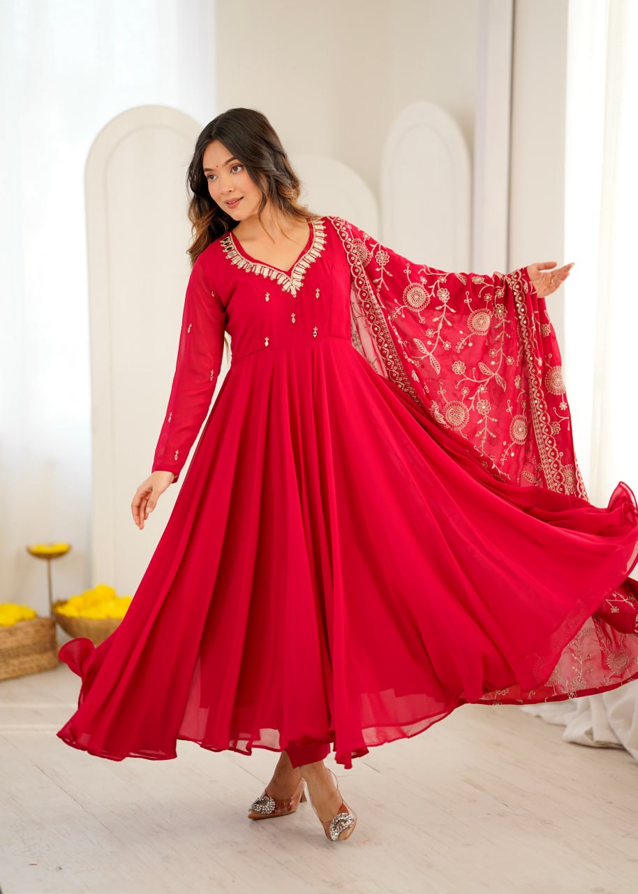 Women's Ruby Khatli Work with Real Mirror Anarkali Suit Set with Dupatta
