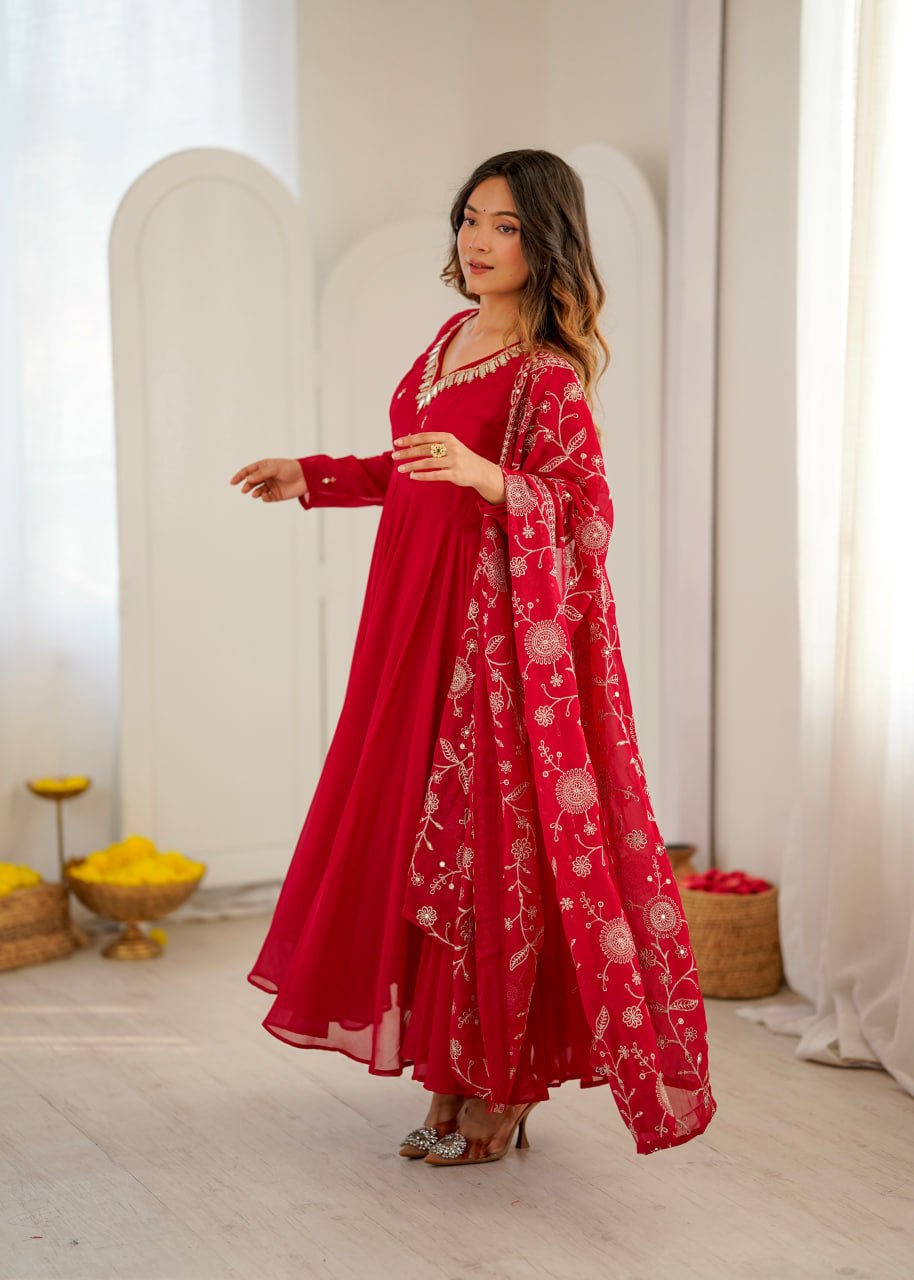 Women's Ruby Khatli Work with Real Mirror Anarkali Suit Set with Dupatta