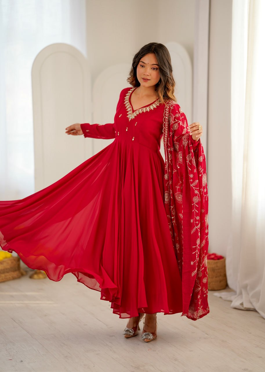 Women's Ruby Khatli Work with Real Mirror Anarkali Suit Set with Dupatta