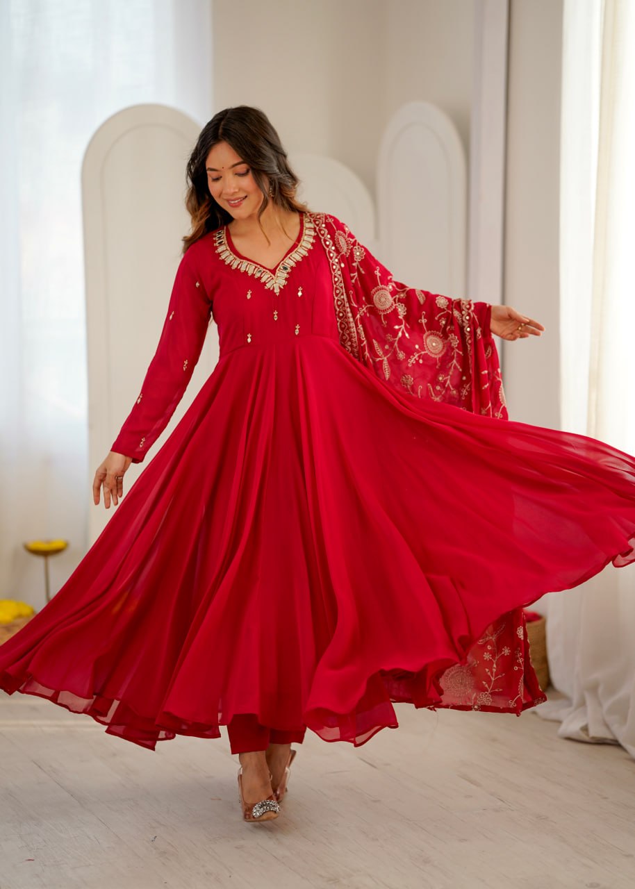 Women's Ruby Khatli Work with Real Mirror Anarkali Suit Set with Dupatta