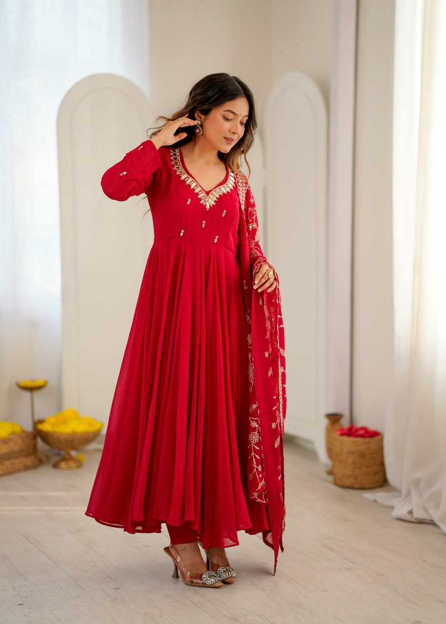 Women's Ruby Khatli Work with Real Mirror Anarkali Suit Set with Dupatta