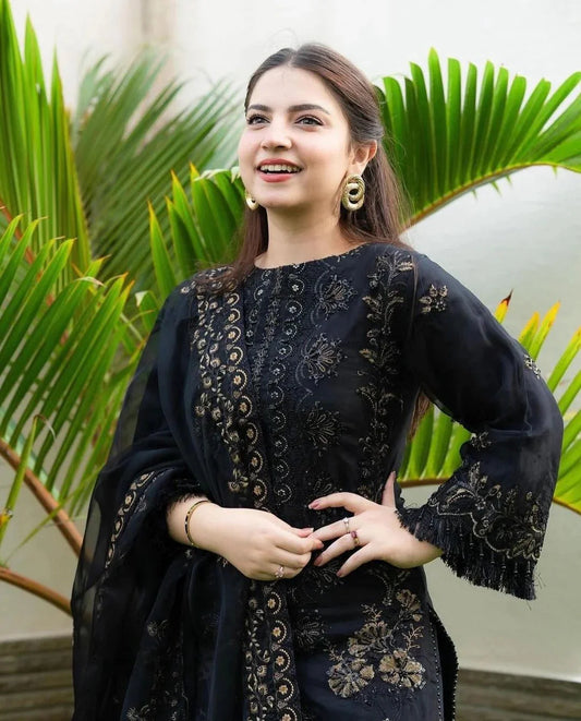 Black Embroidered Pakistani Suit Set for Women with Dupatta
