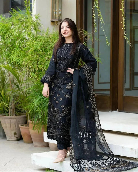 Black Embroidered Pakistani Suit Set for Women with Dupatta