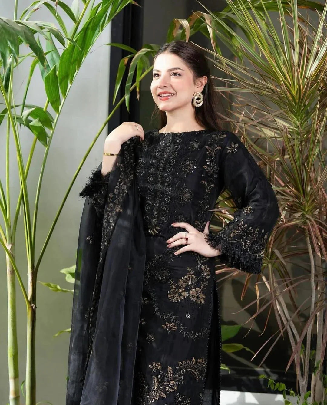 Black Embroidered Pakistani Suit Set for Women with Dupatta